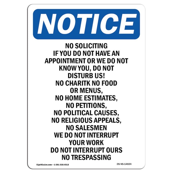Signmission OSHA Notice Sign, 10" H, 7" W, Rigid Plastic, No Soliciting If You Do Not Have Sign, Portrait OS-NS-P-710-V-14824 - main